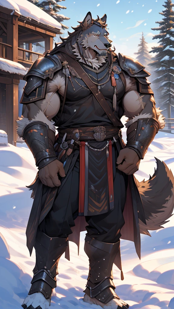 (photorealistic:1.4), 8k, (masterpiece), best quality, highest quality, (highly detailed fur:1.5), (detailed muscles:1.4), (detailed face:1.5), (realistic eyes), original, highres, unparalleled masterpiece, ultra realistic 8k, perfect artwork, grey wolf, male, middle aged, (general:1.2), armor, scars, (casual clothing:1.3), long hair, braided hair, white braids, cold northern environment, (snowy:1.2), (father and son bonding:1.4), (heartwarming interaction:1.3),(barrack:1.9)