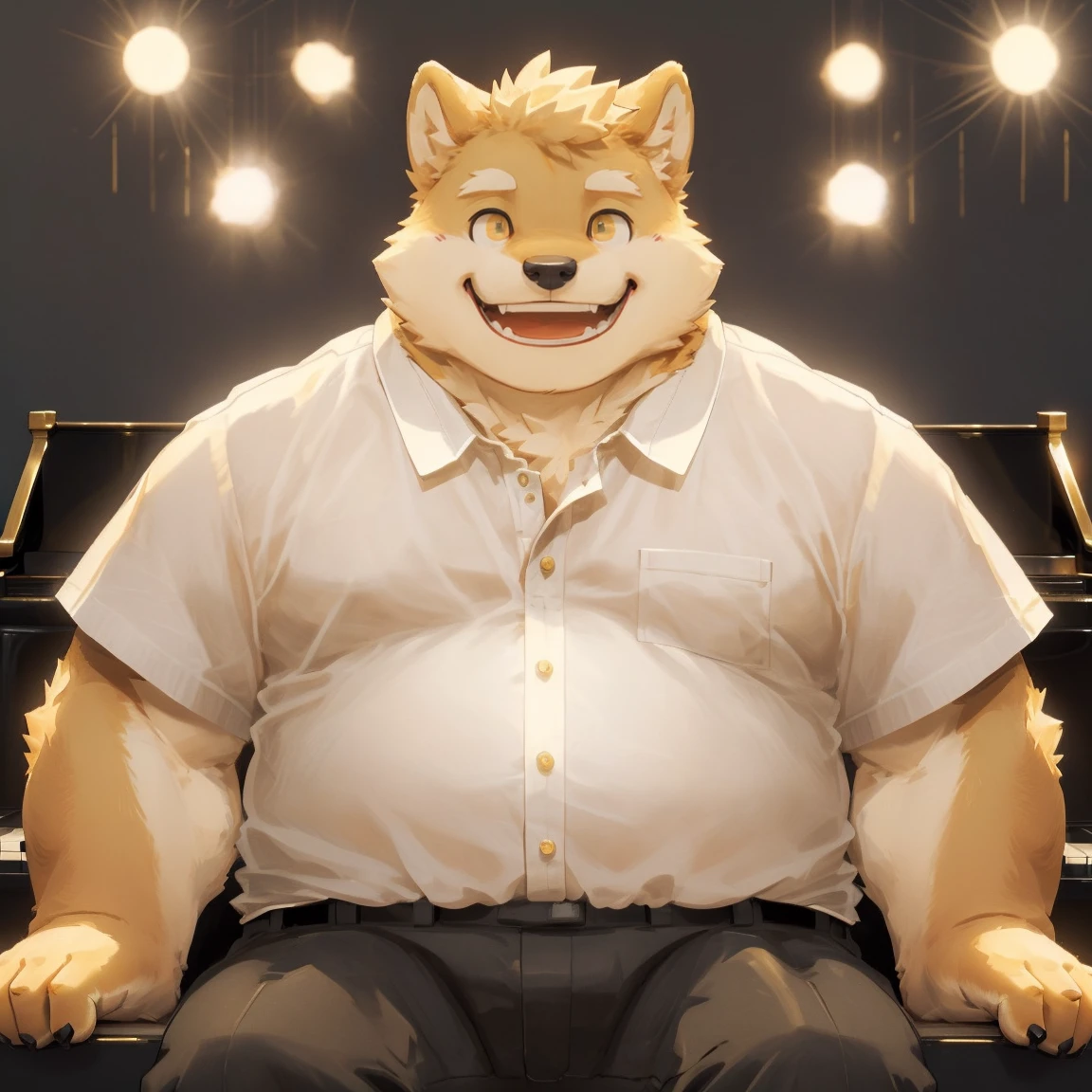 masterpiece, best quality, 8k resolution, Very detailed, hairy,Shiba Inu,(Black hair),(((golden fur))),(((Golden Eyes))),Chubby,Chubby face,(((White shirt))),(((Loose shirt))),((Black pants)),(((For the audience))),Highest quality scene,(((Solitary))),(((solitary))),portrait,((play piano)),((light)),((Gentle)),(((Facing the audience))),(((earnest))),(((Round face))),(((Smiling)))