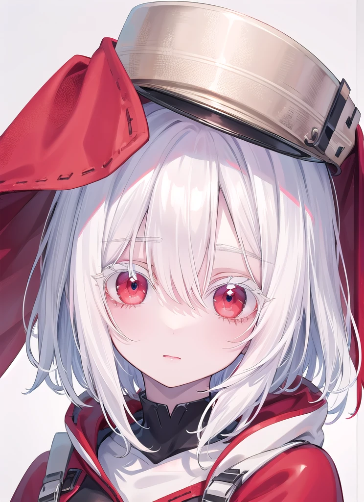 ((best quality)), ((highly detailed)), masterpiece, absurdres, (detailed eyes, deep eyes), cape, bodysuit, albino, white hair, short hair, red eyes, eyelashes, very pale skin, (((side, view portrait)))