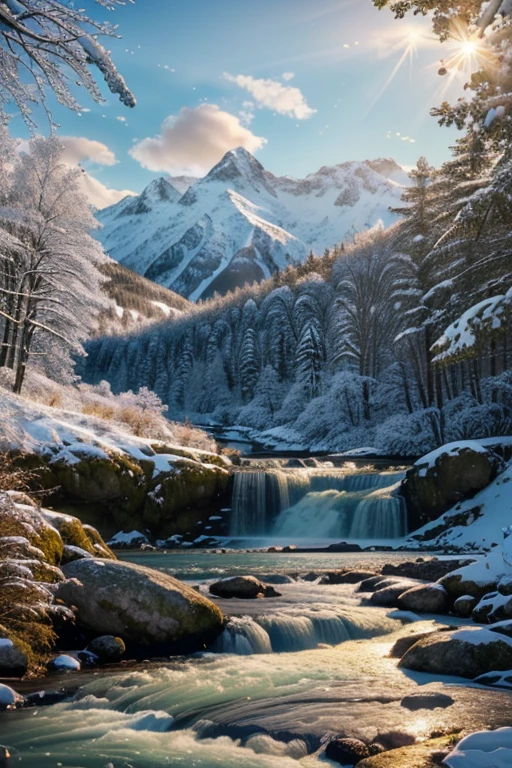 a serene landscape, rolling hills, river flowing waterfall, majestic snow-capped mountain, golden sunlight, wispy clouds, detailed foliage and flora, birds soaring, (best quality,8k,highres,masterpiece:1.2),ultra-detailed,(realistic,photorealistic,photo-realistic:1.37),landscape,vibrant colors,natural lighting,cinematic composition
