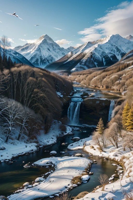 a serene landscape, rolling hills, river flowing waterfall, majestic snow-capped mountain, golden sunlight, wispy clouds, detailed foliage and flora, birds soaring, (best quality,8k,highres,masterpiece:1.2),ultra-detailed,(realistic,photorealistic,photo-realistic:1.37),landscape,vibrant colors,natural lighting,cinematic composition