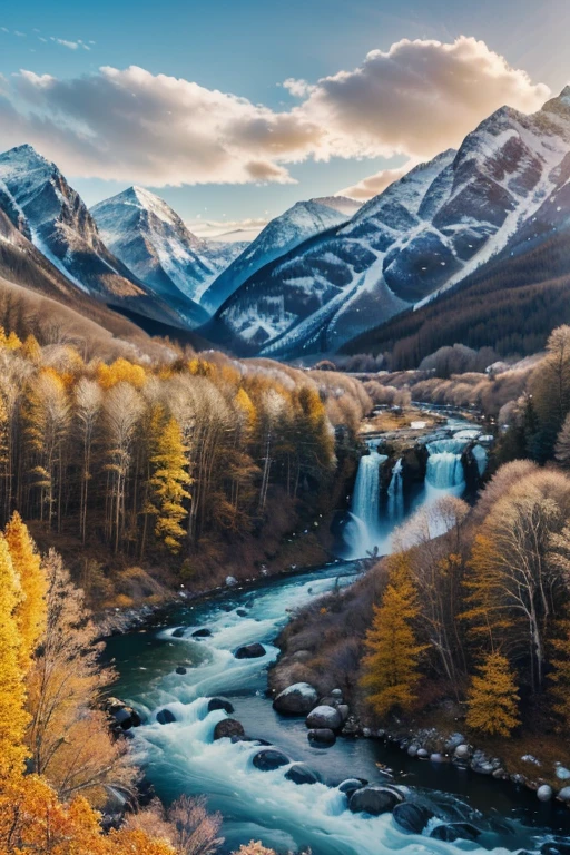 a serene landscape, rolling hills, river flowing waterfall, majestic snow-capped mountain, golden sunlight, wispy clouds, detailed foliage and flora, birds soaring, (best quality,8k,highres,masterpiece:1.2),ultra-detailed,(realistic,photorealistic,photo-realistic:1.37),landscape,vibrant colors,natural lighting,cinematic composition