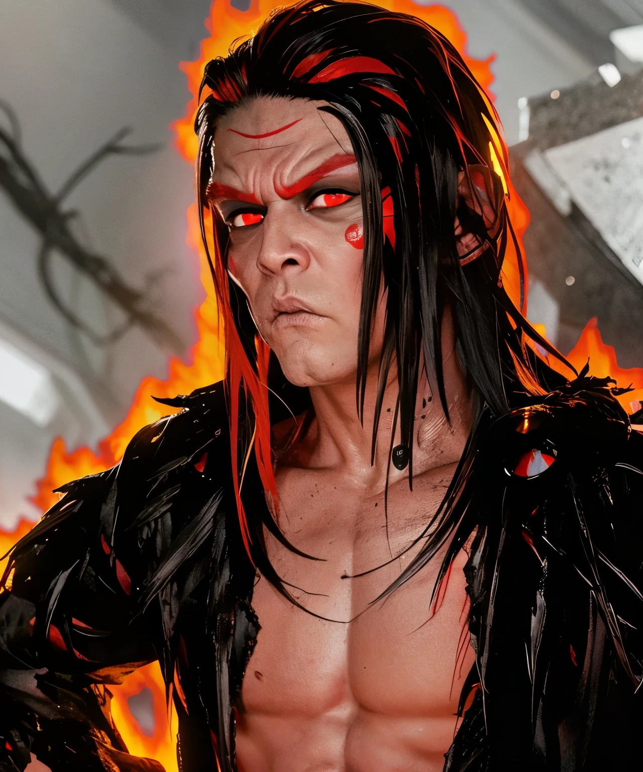 Monster,full black red hair,red eyes,realistic,full detail,