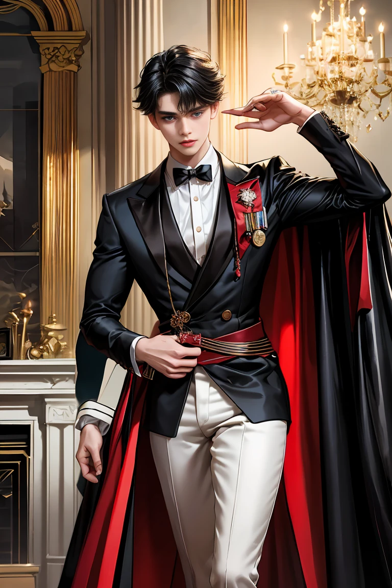 
masterpiece, 最high quality, high quality, 1 boy, alone, Male focus, Watching the audience,  Messy black hair, Adorable big blue eyes, White people, Noble, Noble,Sexy voluminous black and red cape、Tuxedo、A very voluminous, large, very large, very large, long, long red and black cape with a high stand-up collar, reaching down to the floor, made of a lot of fabric., ,Cute beautiful boys,Cute, cute, kind, handsome guy