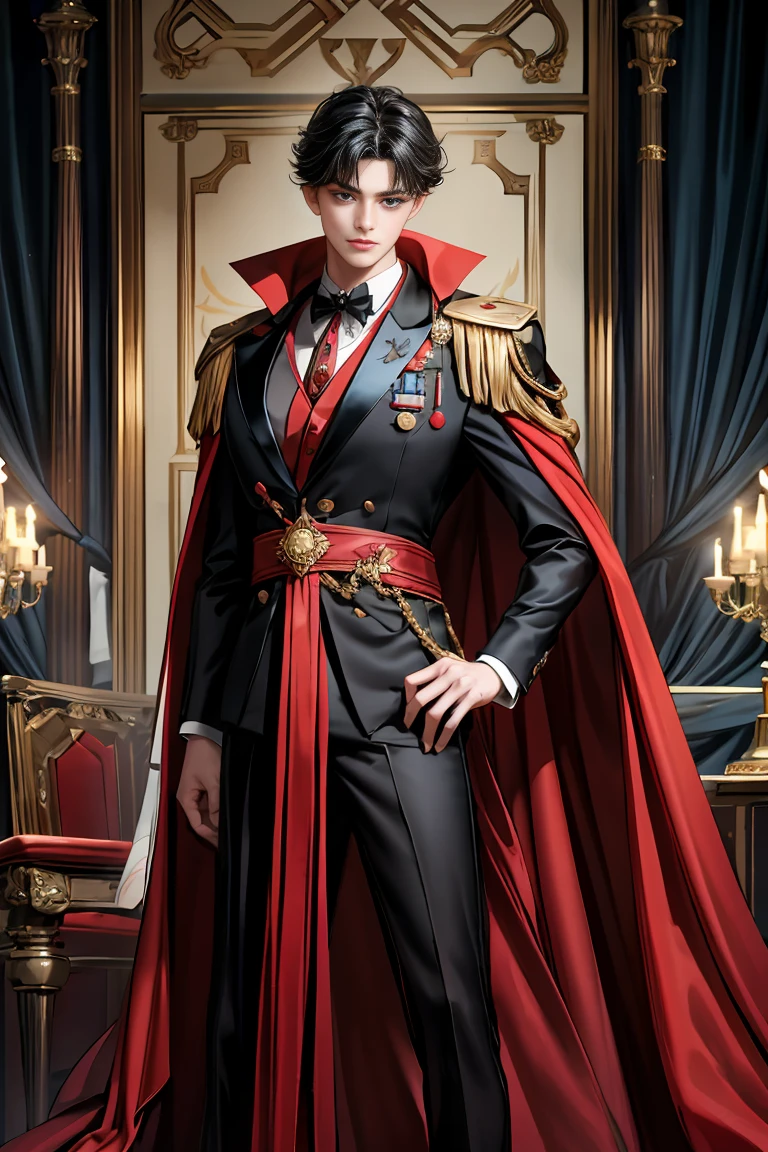 
masterpiece, 最high quality, high quality, 1 boy, alone, Male focus, Watching the audience,  Messy black hair, Adorable big blue eyes, White people, Noble, Noble,Sexy voluminous black and red cape、Tuxedo、A very voluminous, large, very large, very large, long, long red and black cape with a high stand-up collar, reaching down to the floor, made of a lot of fabric., ,Cute beautiful boys,Cute, cute, kind, handsome guy