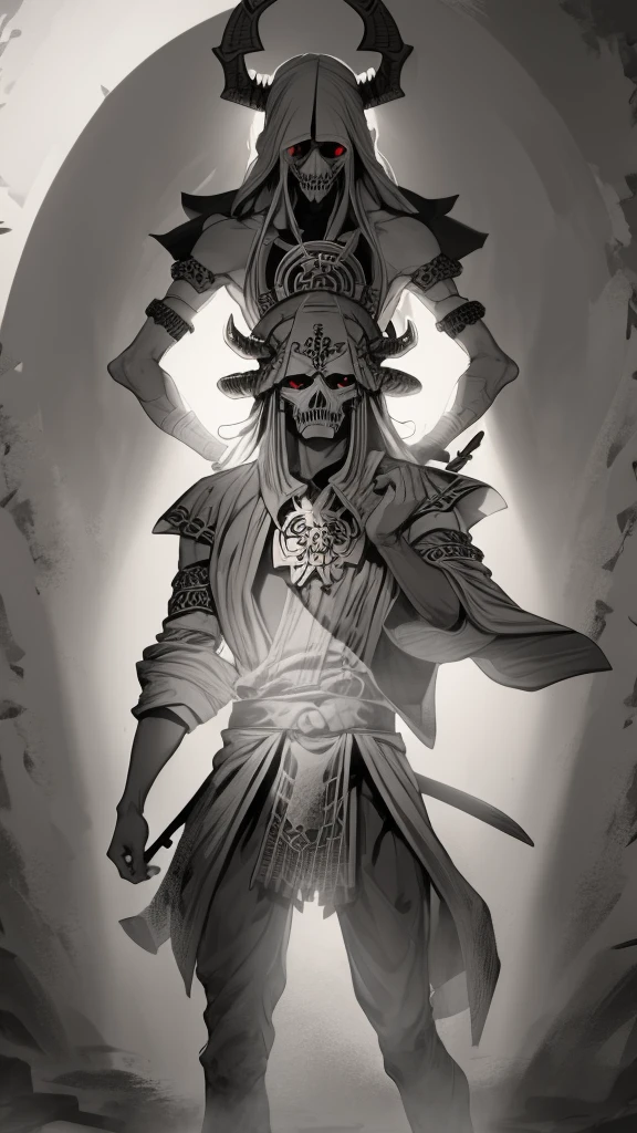 Ser imposing, Skeletal, demonic, With horns, with a sword drawn, God of Death, mictlantecuhtli, skeleton, armor, be powerful, Mexico, be mystical, lord of the underworld, god of the dead