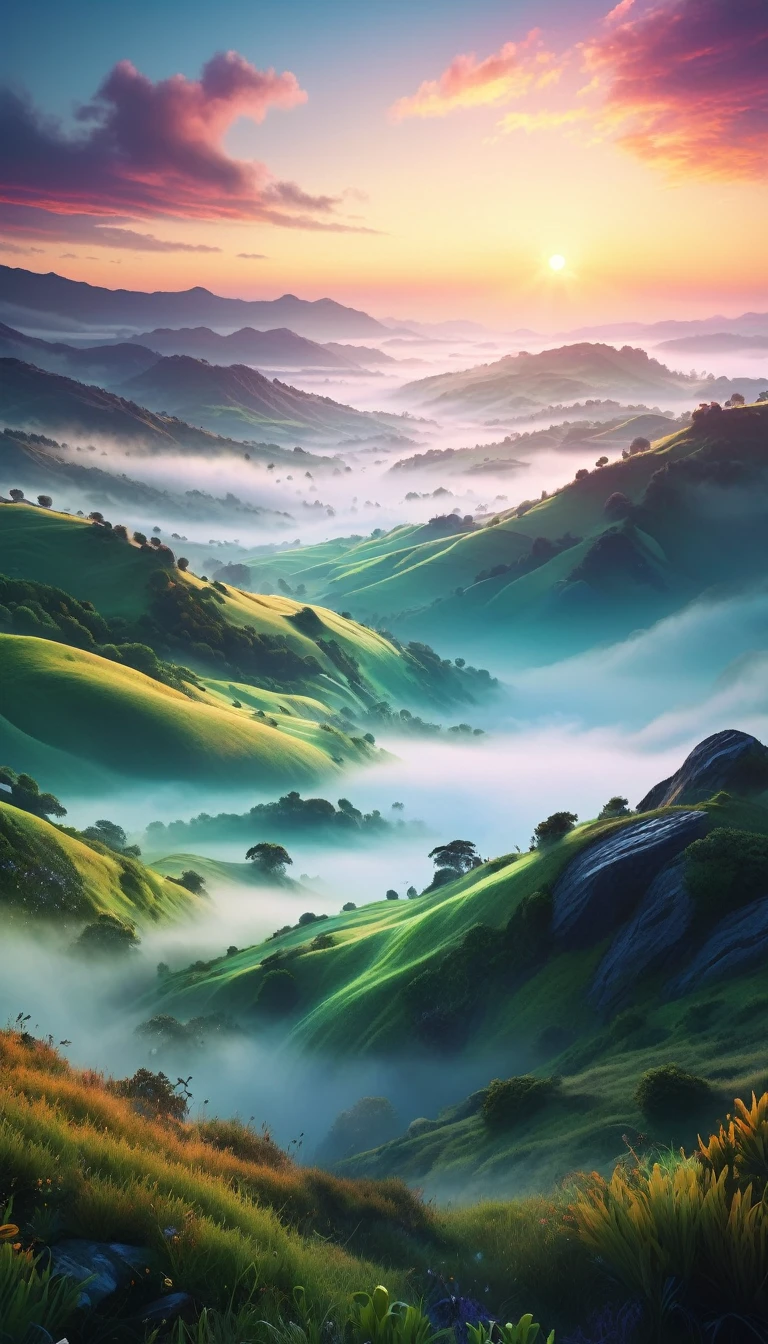 a fantasy mystical landscape, realistic sunrise time, beautiful view, mist in the valleys, waking life, dramatic lighting, epic scale, cinematic, highly detailed, volumetric fog, lush vegetation, rolling hills, glowing sky, vibrant colors, dramatic atmosphere, photorealistic, 8k, intricate details, cinematic composition, masterpiece