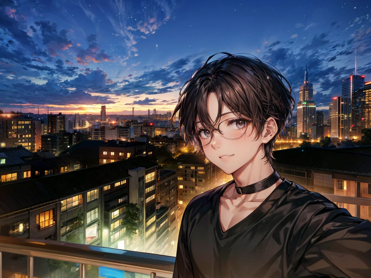 1boy, glasses, black shirt, medium dark brown hair, brown eyes, balcony, night time, smile, anime, high quality, 8K, looking at the viewer