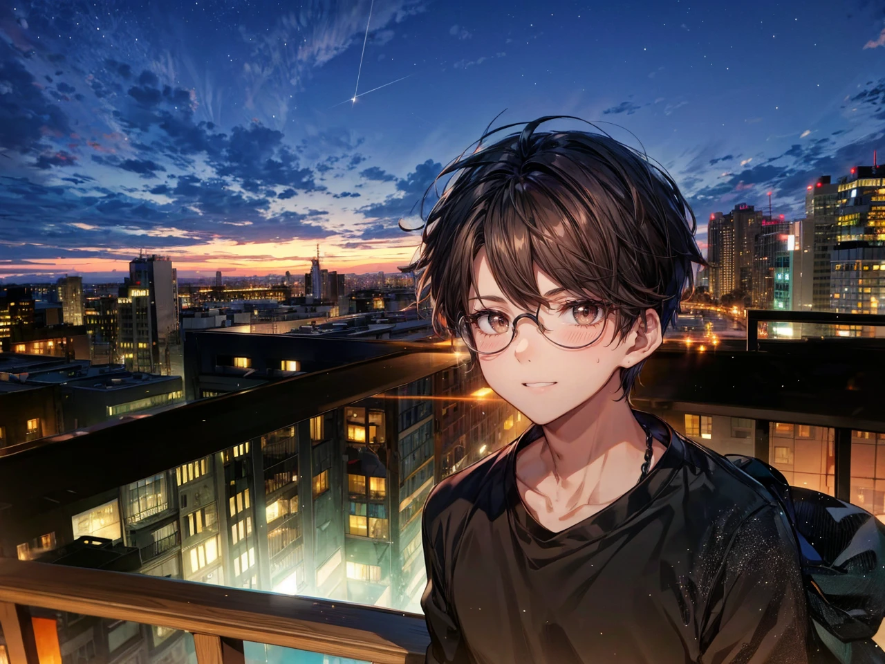 1boy, glasses, black shirt, medium dark brown hair, brown eyes, balcony, night time, smile, anime, high quality, 8K, looking at the viewer