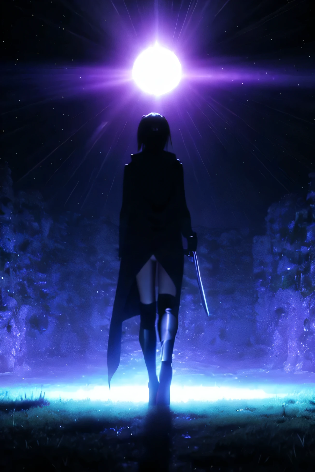 A woman stands alone in a dark space. She is wearing a flashy black costume that looks like something you would see in an anime. A small light can be seen in the distance. She faces the light. You can see her back from here. In her hand she holds a glowing sword. She is slender and her legs are very long. She has a spirit of a ball of light that glows purple.