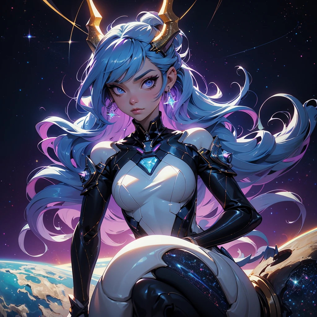 A space dragon sitting at the edge of the universe, lonely, sad, void, stars, the stars mixed in the sea, a sea of stars, ethereal woman, Blue and purple hair , space buns, space outfit, white black and gold outfit, golden dragon horns and tail, space outfit, space suit, mass effect suit, perfectly drawn face, black dress, stars detailed background, prismatic lighting, glitter, whole body, walking on the stars with crystal shoes A beautiful dragon humanoid woman with space hair of variant shades of blue and purple with space buns in hair , Golden scanes on the face and shoulders, Anime, 4k, Beautiful woman with a golden dragon tail and horns, Space hair, Floating in space, Vintage space Attire, floating through space, dancing, havign fun, Space Witch, Witch, Older woman, Toned physique, long hair with side bangs, humanoid face with scales, human with dragon horns and tail, witch outfit, body suit, thigh boots, wearing black, white and gold, blue hair, purple hair, Woman in space with water rippling reflecting the night sky, space and water mixed today, dancing in space, floating, ethereal dragon at the edge of the universe, end of the universe