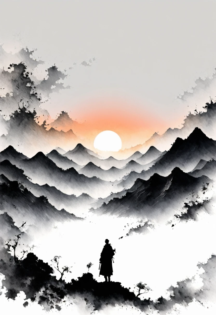 (Lots of white space:1.5)，(Lots of white space around:1.6), White background, simple, Minimalism, abstract,Freehand，Aesthetic，black and white，Ink Painting，antiquity，sunrise，a mountain，A person far away