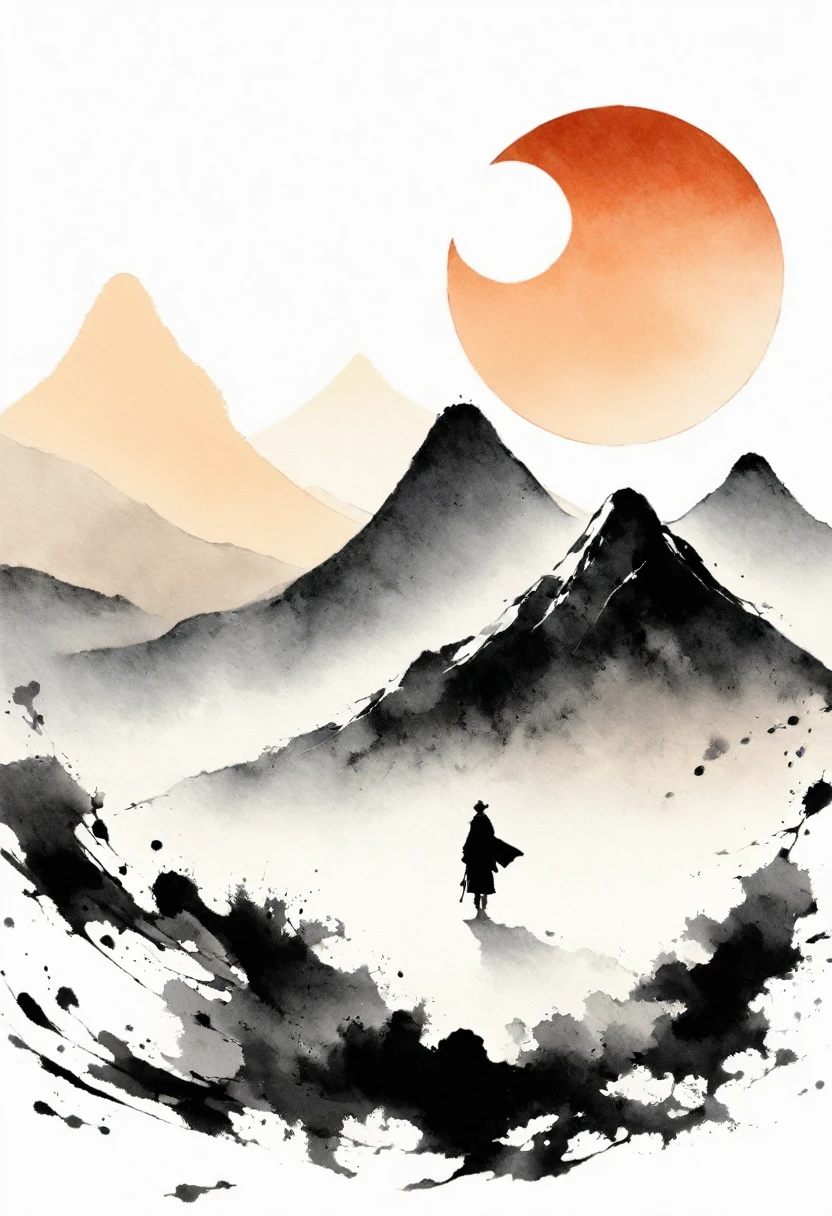 (Lots of white space:1.5),(Lots of white space around:1.6), White background, simple, Minimalism, abstract,Freehand,Aesthetic,black and white,Ink Painting,antiquity,sunrise,a mountain,A person far away