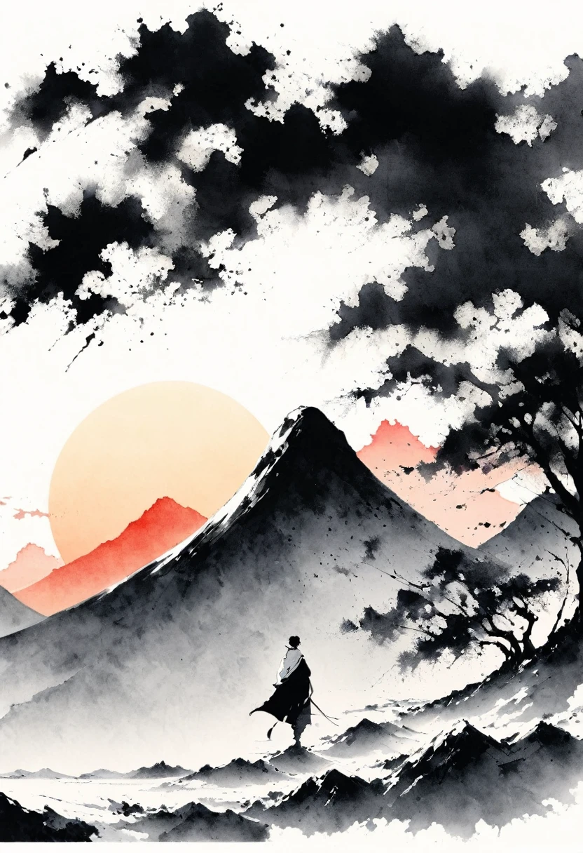 (Lots of white space:1.5),(Lots of white space around:1.6), White background, simple, Minimalism, abstract,Freehand,Aesthetic,black and white,Ink Painting,antiquity,sunrise,a mountain,A person far away