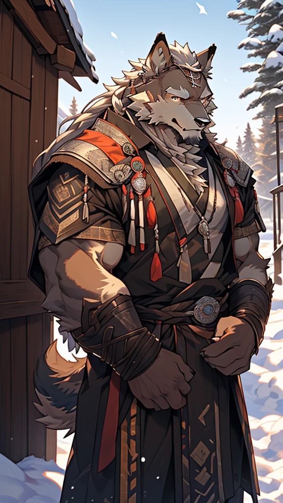 (photorealistic:1.4), 8k, (masterpiece), best quality, highest quality, (highly detailed fur:1.5), (detailed muscles:1.4), (detailed face:1.5), (realistic eyes), original, highres, unparalleled masterpiece, ultra realistic 8k, perfect artwork, grey wolf, male, middle aged, (general:1.2), armor, scars, (casual clothing:1.3), long hair, braided hair, white braids, cold northern environment, (snowy:1.2), (father and son bonding:1.4), (heartwarming interaction:1.3),(barrack:1.9)