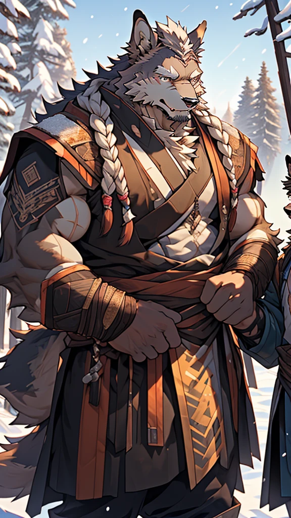 (photorealistic:1.4), 8k, (masterpiece), best quality, highest quality, (highly detailed fur:1.5), (detailed muscles:1.4), (detailed face:1.5), (realistic eyes), original, highres, unparalleled masterpiece, ultra realistic 8k, perfect artwork, grey wolf, male, middle aged, (general:1.2), armor, scars, (casual clothing:1.3), long hair, braided hair, white braids, cold northern environment, (snowy:1.2), (father and son bonding:1.4), (heartwarming interaction:1.3),(barrack:1.9)