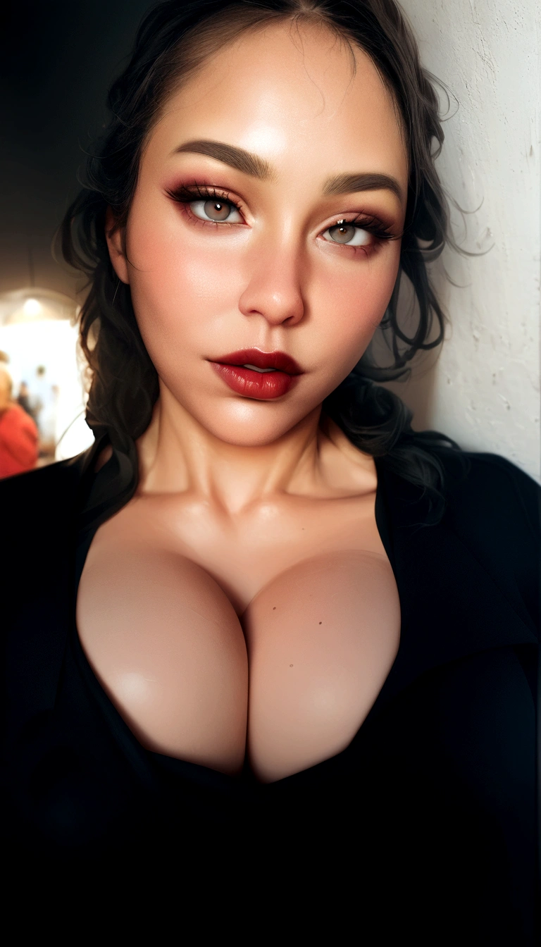 a woman with big breasts and a black top, neckline, full lips, super sexy woman, realist, fotorrealist, high quality