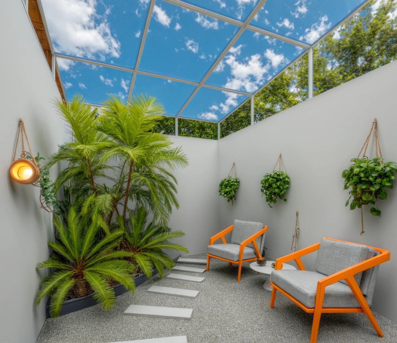 Masterpiece, high quality, best quality, authentic, super detail, outdoors glass roof frame, onestoreyvillaXL, aiaigroup, house style modern on the street ,stairs, white wall ,road,pavement, grass, trees, sky, cloud, (daylight:1.1)