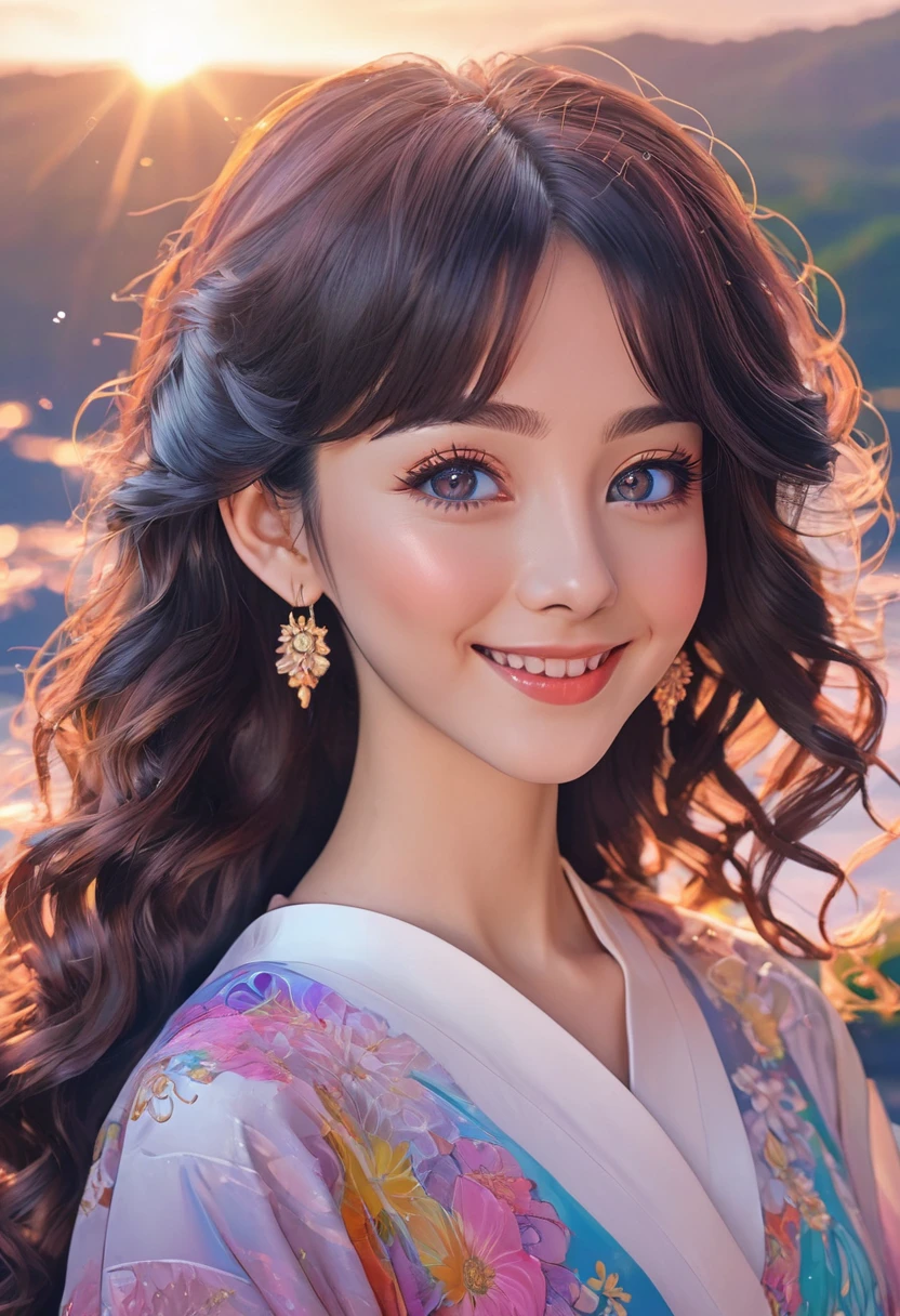 a cute anime girl, smiling, beautiful detailed eyes, beautiful detailed lips, extremely detailed face and hair, long eyelashes, wave long hair, intricate detailed dress, high quality, 4k, 8k, highres, masterpiece, ultra-detailed, anime style, professional, vibrant colors, soft lighting, colorful, medium eyes, rainbow hair, watching the beautiful sunrise