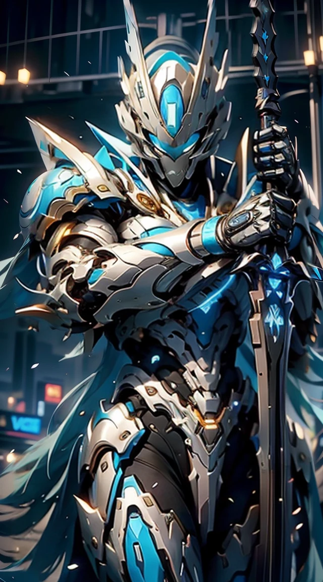 sideways,Blue-haired cyberpunk knight, white helmet, White Armor, Holding a sword, 8K picture quality, 4k picture quality, masterpiece, The award-winning, the best,