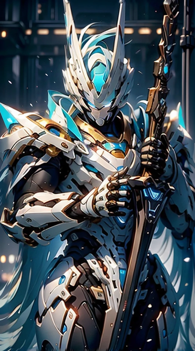 sideways,Blue-haired cyberpunk knight, white helmet, White Armor, Holding a sword, 8K picture quality, 4k picture quality, masterpiece, The award-winning, the best,