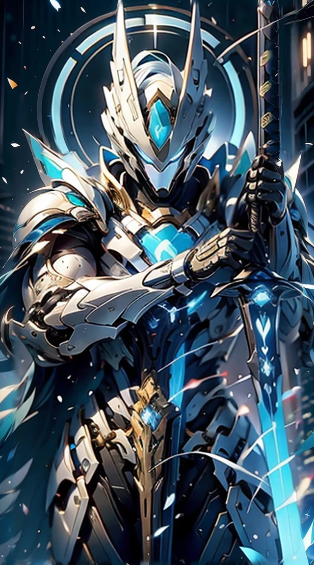 sideways，Blue-haired cyberpunk knight, white helmet, White Armor, Holding a sword, 8K picture quality, 4k picture quality, masterpiece, The award-winning, the best，