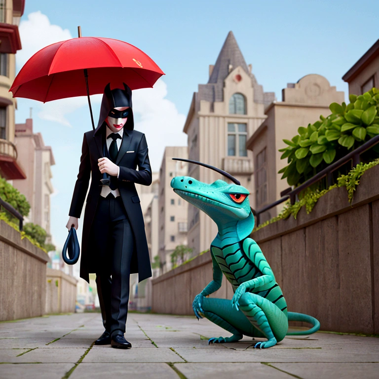 sharp man with mask holding an umbrella and a lizard, surreal photography, perfectly realistic, more surreal, beetle. Hyper-Realism, surreal style, hyperrealistic surrealism, surrealist photography, extremely realistic photo, unsplash contest winning photo, photo Alexei Gurylev, lord beast, highly realistic photo, [ trends at CGsociety ]!!, inspired by national geography