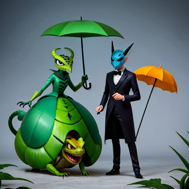 sharp man with mask holding an umbrella and a lizard, surreal photography, perfectly realistic, more surreal, beetle. Hyper-Realism, surreal style, hyperrealistic surrealism, surrealist photography, extremely realistic photo, unsplash contest winning photo, photo Alexei Gurylev, lord beast, highly realistic photo, [ trends at CGsociety ]!!, inspired by national geography