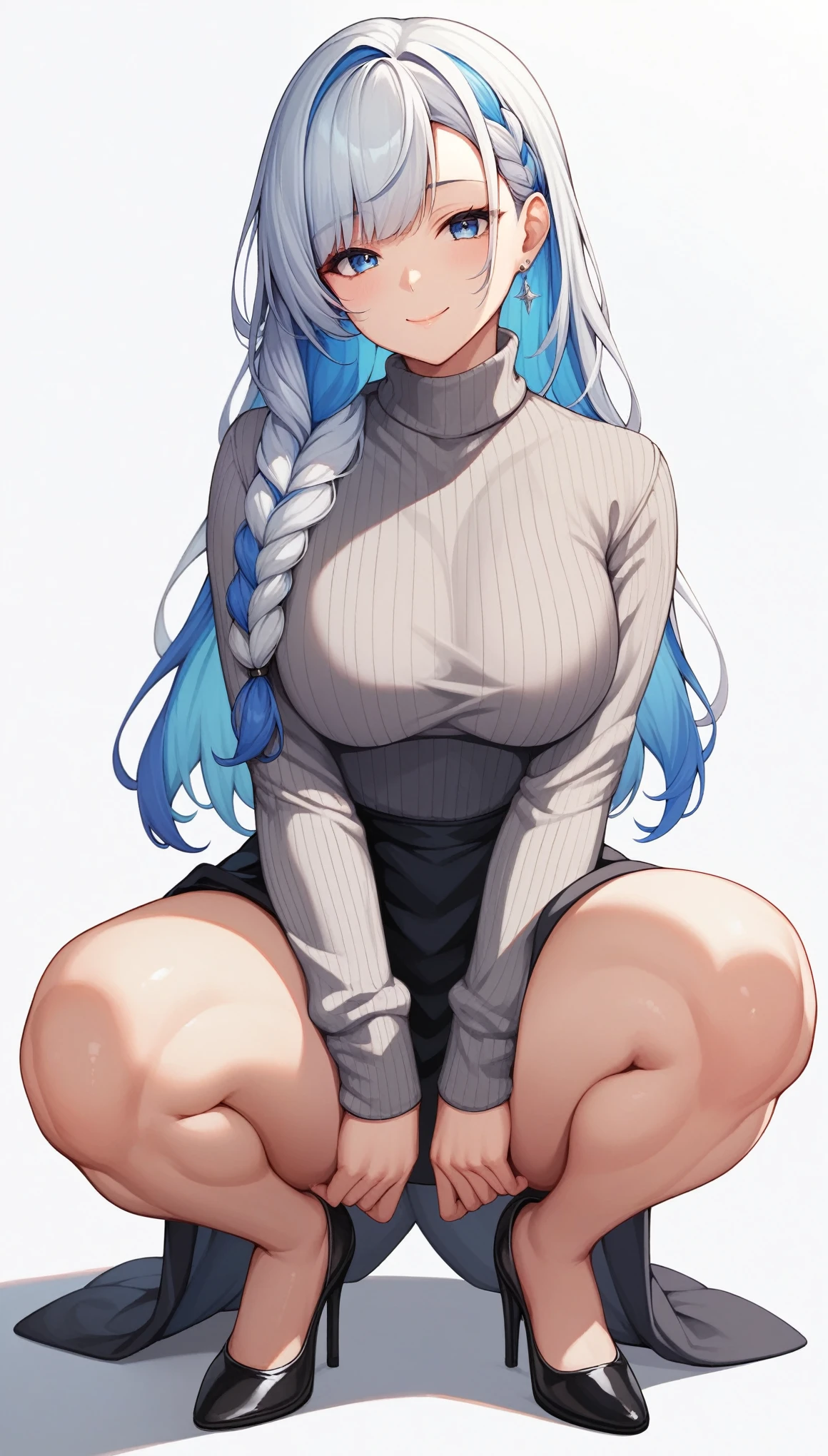 1girl, solo, long hair, breasts, looking at viewer, blush, smile, bangs, blue eyes, large breasts, simple background, long sleeves, white background, dress, closed mouth, blue hair, full body, braid, white hair, thighs, multicolored hair, black footwear, high heels, two-tone hair, sweater, bare legs, turtleneck, squatting, ribbed sweater, turtleneck sweater, sweater dress, grey sweater, front,((open legs)),
