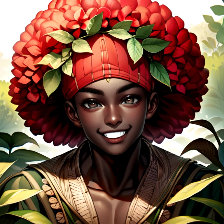 In ultra realistic art, a lush green scenery is depicted, with lush plants and diverse foliage. Among the plants, we see an Afro-Brazilian boy, black skin bright eyes peeking from behind a bush,the foliage covers half of his face with a mischievous look and a mischievous smile that stands out on his face. The boy's half of his face is in focus, allowing the viewer to see the smallest details of your expression. Your eyes have a captivating and mischievous shine., while arched eyebrows add a touch of mischief to your look. The nose is slightly flattened and the lips are thin, curved in a smile that reveals their small white teeth .He doesn't wear a shirt and wears a plain red cap on his head.