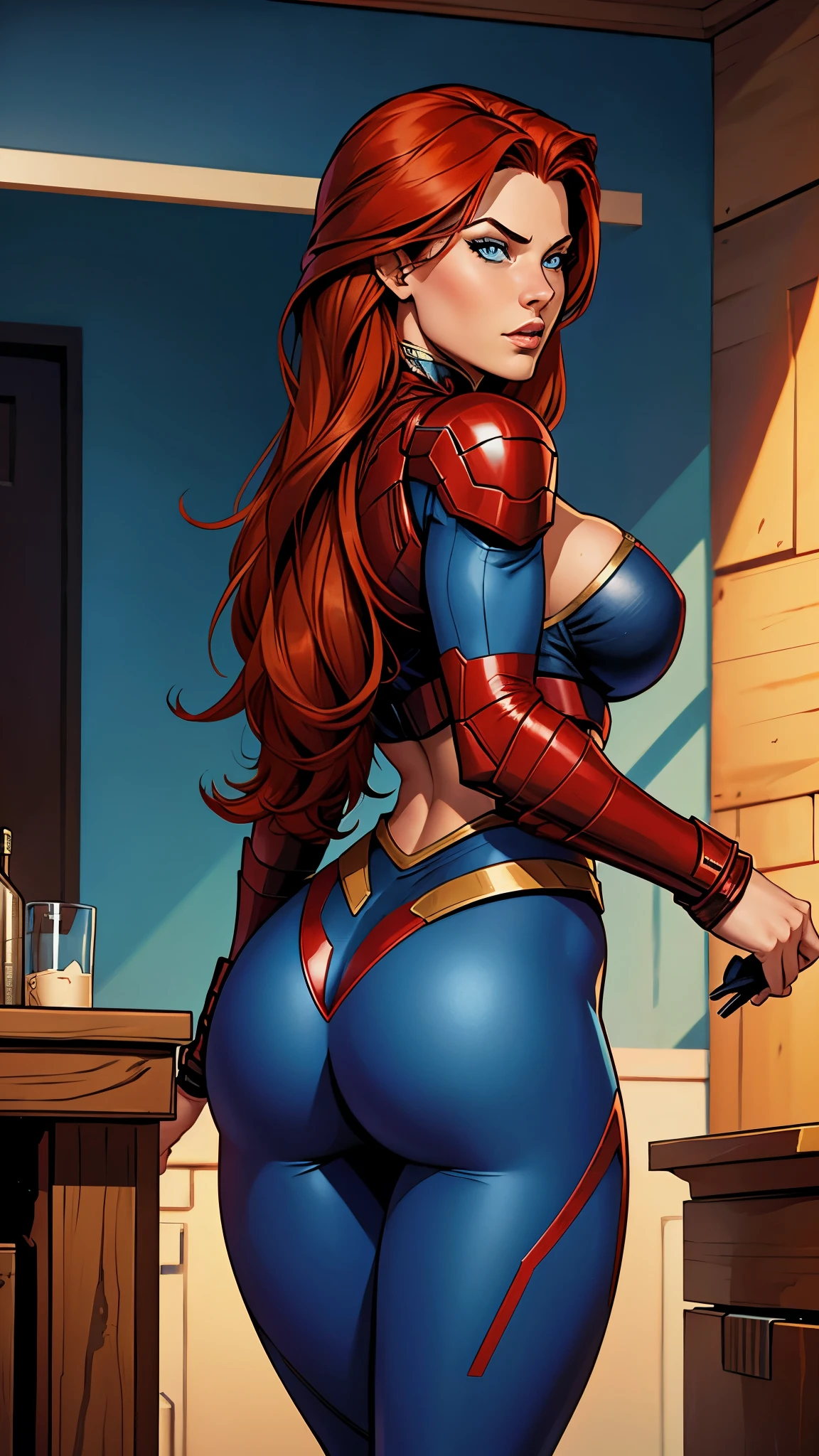.21 years old woman , long and smooth red tone hair, bright and expressive blue eyes, she opted for a mercenary outfit. Booty, busty. Comic style. Marvel comics