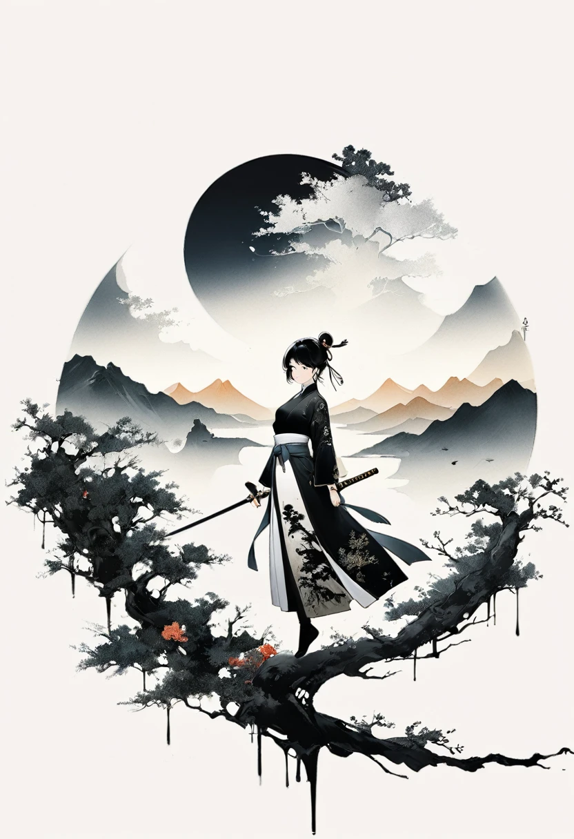 Artistic ink painting，Three-dimensional ink painting，Minimalism，Minimalist graphics，Minimal Art，Chinese anime girls，whole body，Chinese style，antiquity，Ink Painting，sunrise，Distant Mountains，Black and white background，古韵White Space，White Space，大面积White Space，Texture Matte，Low saturation，Minimalist composition，Master composition