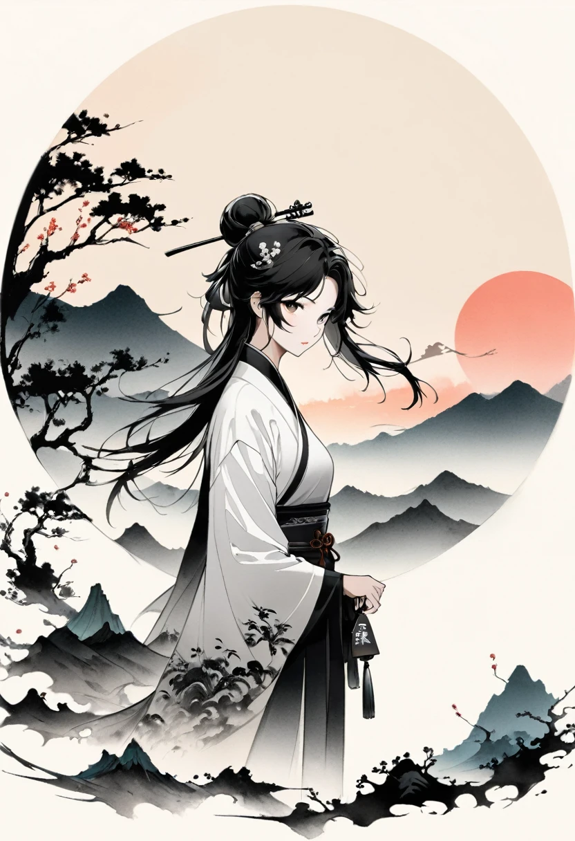Artistic ink painting,Three-dimensional ink painting,Minimalism,Minimalist graphics,Minimal Art,Chinese anime girls,whole body,Chinese style,antiquity,Ink Painting,sunrise,Distant Mountains,Black and white background,古韵White Space,White Space,大面积White Space,Texture Matte,Low saturation,Minimalist composition,Master composition