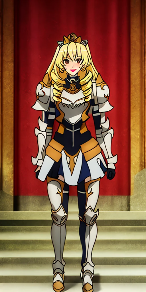 Full body Bozes 1chicasolo, long_Hair, rubio_Hair, Brown_eyes, jewelry, superior_body, lipstick, pindiintes, layer, armor, Drill_Hair, tiara, corona, shoulder_armor, red gauntlets, shoulder pads, breastpline, Style_parody, Knight woman, golden curls, cheered up_Colorant, looking_in_viewer