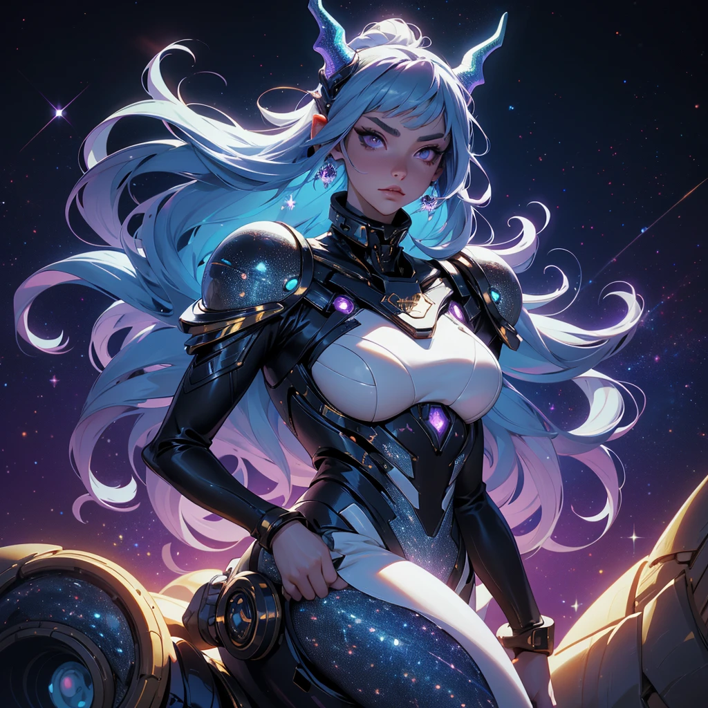 A space dragon sitting at the edge of the universe, lonely, sad, void, stars, the stars mixed in the sea, a sea of stars, ethereal woman, Blue and purple hair , space buns, space outfit, white black and gold outfit, golden dragon horns and tail, space outfit, space suit, mass effect suit, perfectly drawn face, black dress, stars detailed background, prismatic lighting, glitter, whole body, walking on the stars with crystal shoes A beautiful dragon humanoid woman with space hair of variant shades of blue and purple with space buns in hair , Golden scanes on the face and shoulders, Anime, 4k, Beautiful woman with a golden dragon tail and horns, Space hair, Floating in space, Vintage space Attire, floating through space, dancing, havign fun, Space Witch, Witch, Older woman, Toned physique, long hair with side bangs, humanoid face with scales, human with dragon horns and tail, witch outfit, body suit, thigh boots, wearing black, white and gold, blue hair, purple hair, Woman in space with water rippling reflecting the night sky, space and water mixed today, dancing in space, floating, ethereal dragon at the edge of the universe, end of the universe