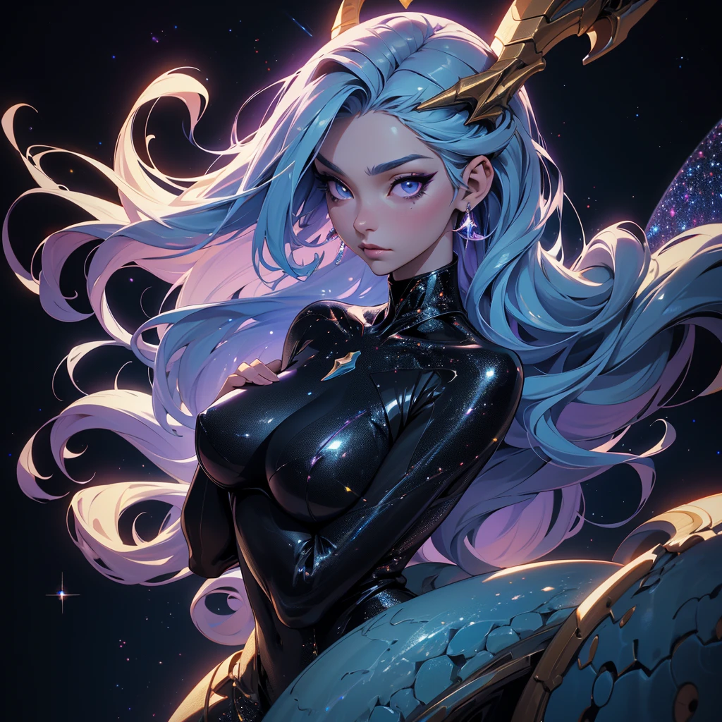 A space dragon sitting at the edge of the universe, lonely, sad, void, stars, the stars mixed in the sea, a sea of stars, ethereal woman, Blue and purple hair , space buns, space outfit, white black and gold outfit, golden dragon horns and tail, space outfit, space suit, mass effect suit, perfectly drawn face, black dress, stars detailed background, prismatic lighting, glitter, whole body, walking on the stars with crystal shoes A beautiful dragon humanoid woman with space hair of variant shades of blue and purple with space buns in hair , Golden scanes on the face and shoulders, Anime, 4k, Beautiful woman with a golden dragon tail and horns, Space hair, Floating in space, Vintage space Attire, floating through space, dancing, havign fun, Space Witch, Witch, Older woman, Toned physique, long hair with side bangs, humanoid face with scales, human with dragon horns and tail, witch outfit, body suit, thigh boots, wearing black, white and gold, blue hair, purple hair, Woman in space with water rippling reflecting the night sky, space and water mixed today, dancing in space, floating, ethereal dragon at the edge of the universe, end of the universe