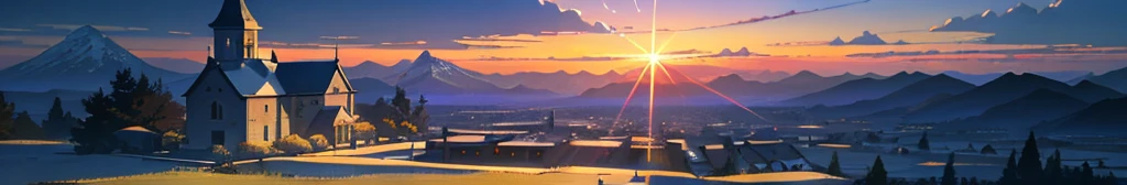 High quality masterpiece,scenecy,small church, ambient sky, mountain, natural scenery, outdoor, pixiv,concept-art,Lofi art style,Reflectors, by makoto shinkai, lofi art, beautiful anime scenes, Anime landscapes, Detailed scenery, in style of makoto shinkai, style of makoto shinkai,Detail enhancement
