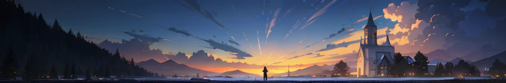 High quality masterpiece，scenecy，small church, ambient sky, mountain, natural scenery, outdoor, pixiv，concept-art，Lofi art style，Reflectors, by makoto shinkai, lofi art, beautiful anime scenes, Anime landscapes, Detailed scenery, in style of makoto shinkai, style of makoto shinkai，Detail enhancement