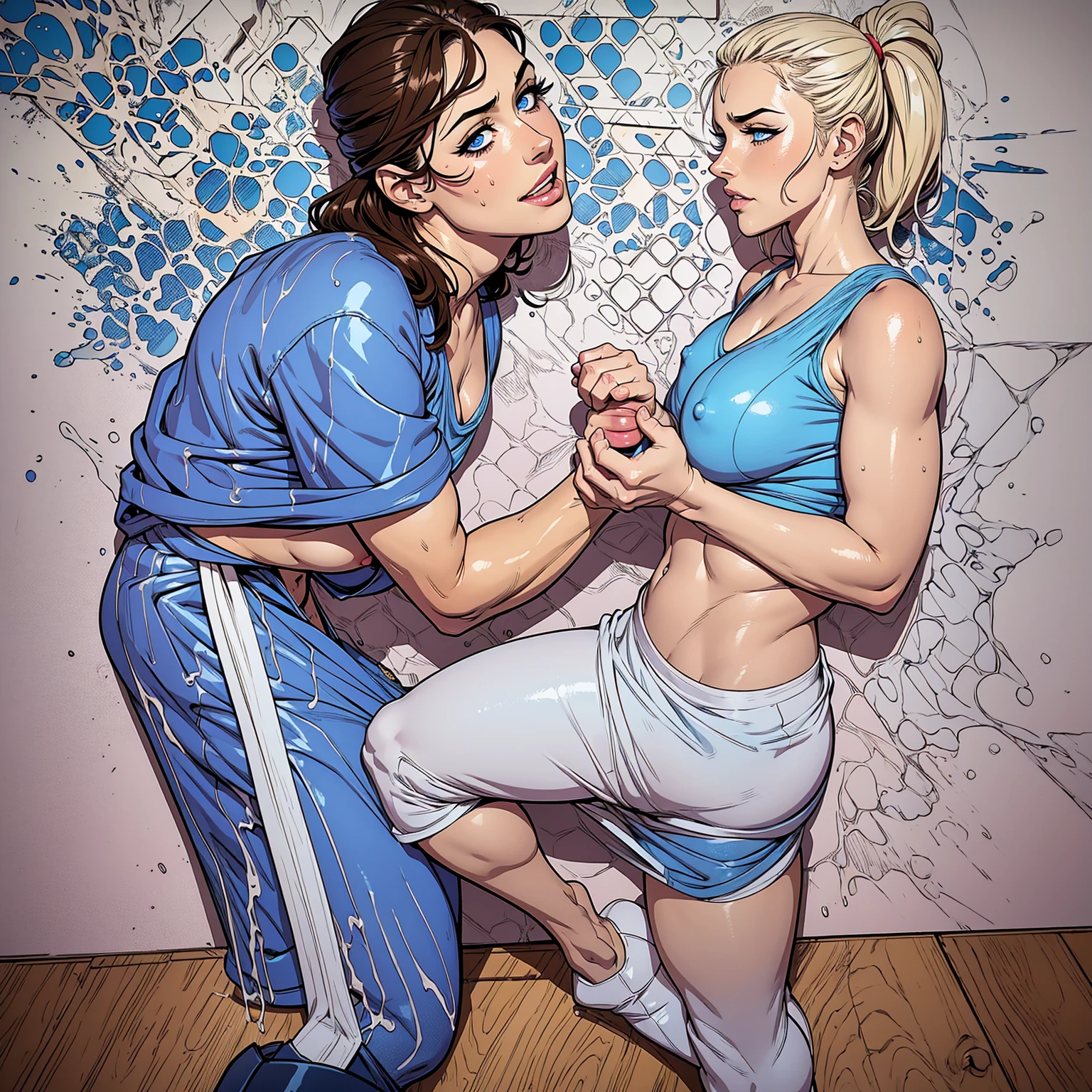 1 man 1 girl ;Sexy Manga comic sensual girl brunette blue eyes wet white t-shirt V-neck, school miniskirt and high heel boots, she is squeezing a man in his groin, a big cock, big balls burst(NSFW)(Bigboob)(Very detailed) (conceptual art) (Manga) (cheered up) (draw) (face cheered up detailed) (comic books)(pitch)(Wet shirt) (wet girl) (nipples) 