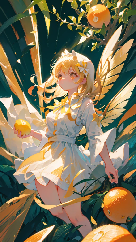 Showing the whole body, cute, baby face, big breasts, flying in the sky, in the forest, simple white dress, long hair, alone, short, fairy wings, honey blonde hair, lemon tree, orange eyes