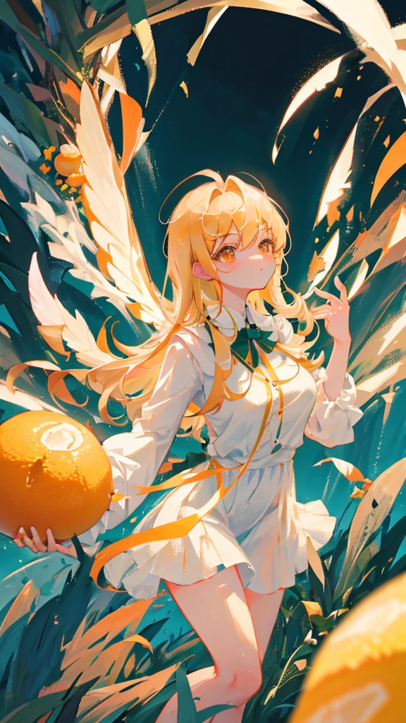 Showing the whole body, cute, baby face, big breasts, flying in the sky, in the forest, simple white dress, long hair, alone, short, fairy wings, honey blonde hair, lemon tree, orange eyes