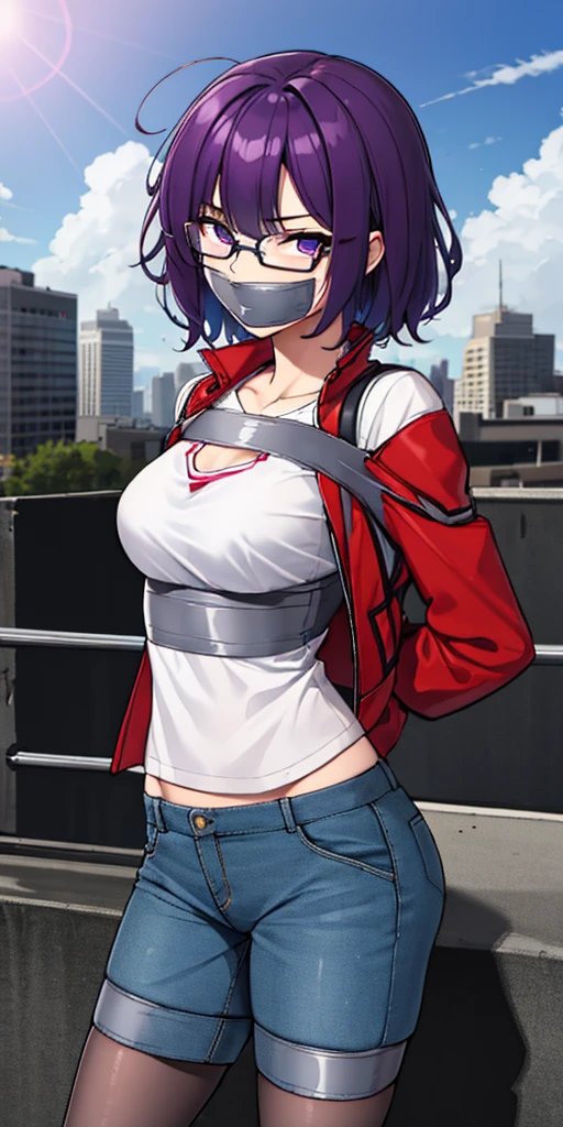 (masterpiece), best quality, expressive eyes, highres, anatomically correct, 1girl, perfect face, perfect hands, female, short hair, messy hair, wavy hair, purple hair, side bang, purple eyes, fair skin, medium chest, slight smirk, purple glasses, casual wear, cowboy shot, half body, perfect anatomy, shorts, graphic t-shirt, jacket, casual wear, pantyhose, medium bust, hands in pockets, posing, city background, blue sky, clouds, sun, bondage, bdsm, arms behind back, gagged, gag, tape above breasts, tape below breasts, 
