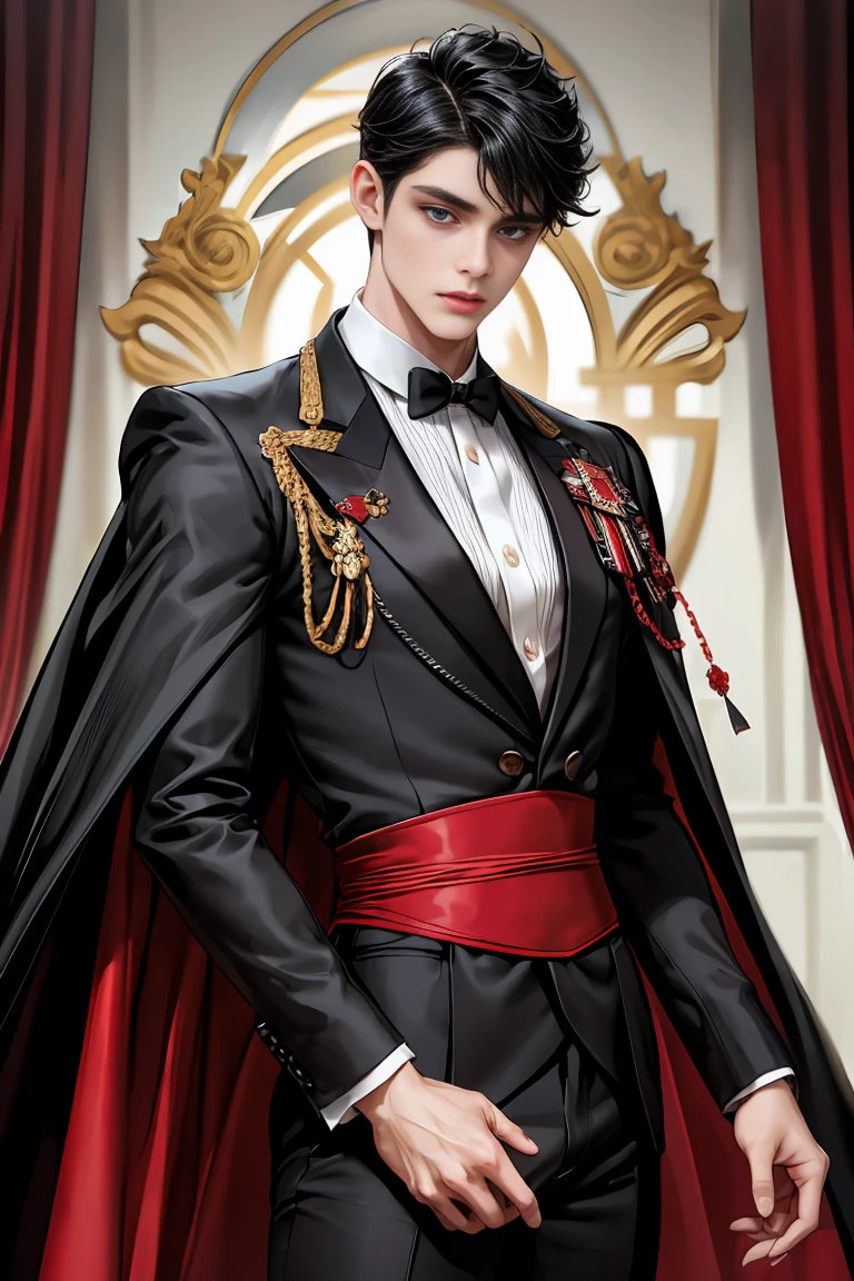 
masterpiece, 最high quality, high quality, 1 boy, alone, Male focus, Watching the audience,  Messy black hair, Adorable big blue eyes, White people, Noble, Noble,Sexy voluminous black and red cape、Tuxedo、A very voluminous, large, very large, very large, long, long red and black cape with a high stand-up collar, reaching down to the floor, made of a lot of fabric., 17 years old,Cute beautiful boys,Cute, cute, kind, handsome guy