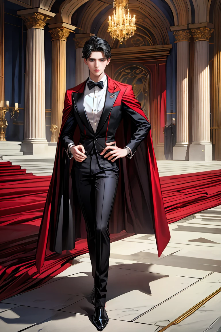 
masterpiece, 最high quality, high quality, 1 boy, alone, Male focus, Watching the audience,  Messy black hair, Adorable big blue eyes, White people, Noble, Noble,Sexy voluminous black and red cape、Tuxedo、A very voluminous, large, very large, very large, long, long red and black cape with a high stand-up collar, reaching down to the floor, made of a lot of fabric., 17 years old,Cute beautiful boys,Cute, cute, kind, handsome guy