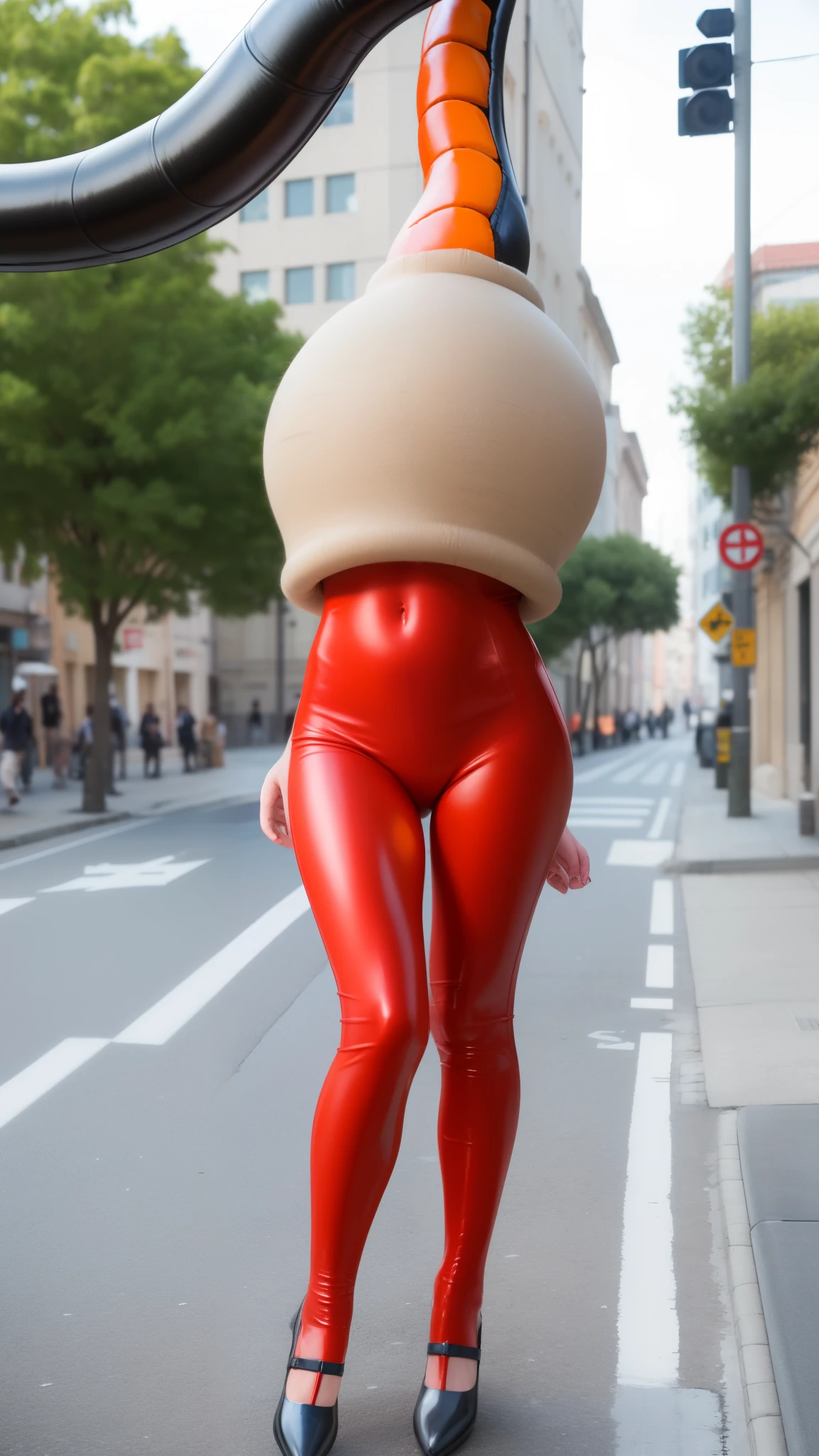 1girl, natural lighting, masterpiece, highly detailed, realistic, 8k resolution, high quality, aichan, city, bodysuit, narrow waist, (cell vore), (tail vore:1.3), struggling, 