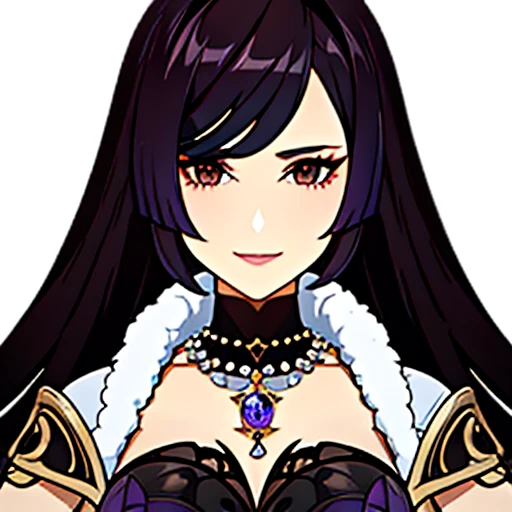[a beautiful mature woman with a seductive smile and parted lips against a white background. She has sharp eyelashes, perfect brown eyes,  long black hair with bangs. His figure is voluptuous, with a narrow waist, Broad Hips, and huge breasts. The image has a style inspired by Genshin impact, with necklace with a purple crystal, rendered in high detail and HDR quality as a stunning work of art.] Full HD , Nude, oppai 