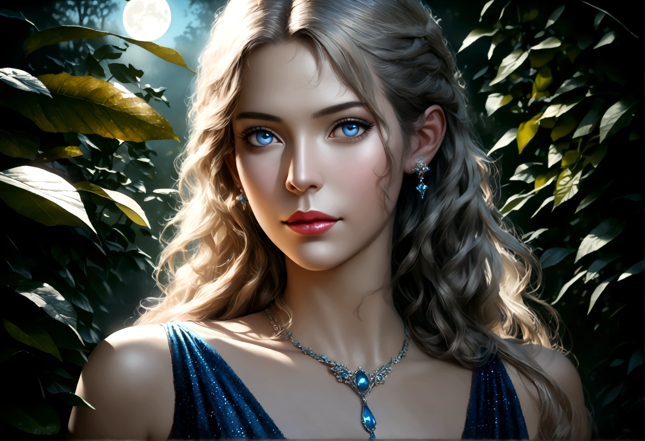 A beautiful young moon elf with waist-length hair, pale skin, and crystal blue eyes, wearing a sheer crystal silk evening gown, flirtatiously studying the viewer in a moonlit glade, (best quality,4k,8k,highres,masterpiece:1.2),ultra-detailed,(realistic,photorealistic,photo-realistic:1.37),portrait,fantasy,cinematic lighting,dramatic lighting,glowing skin,detailed facial features,long eyelashes,glossy lips,elegant pose,ethereal,shimmering fabric,moonlight,mist,full moon,lush foliage