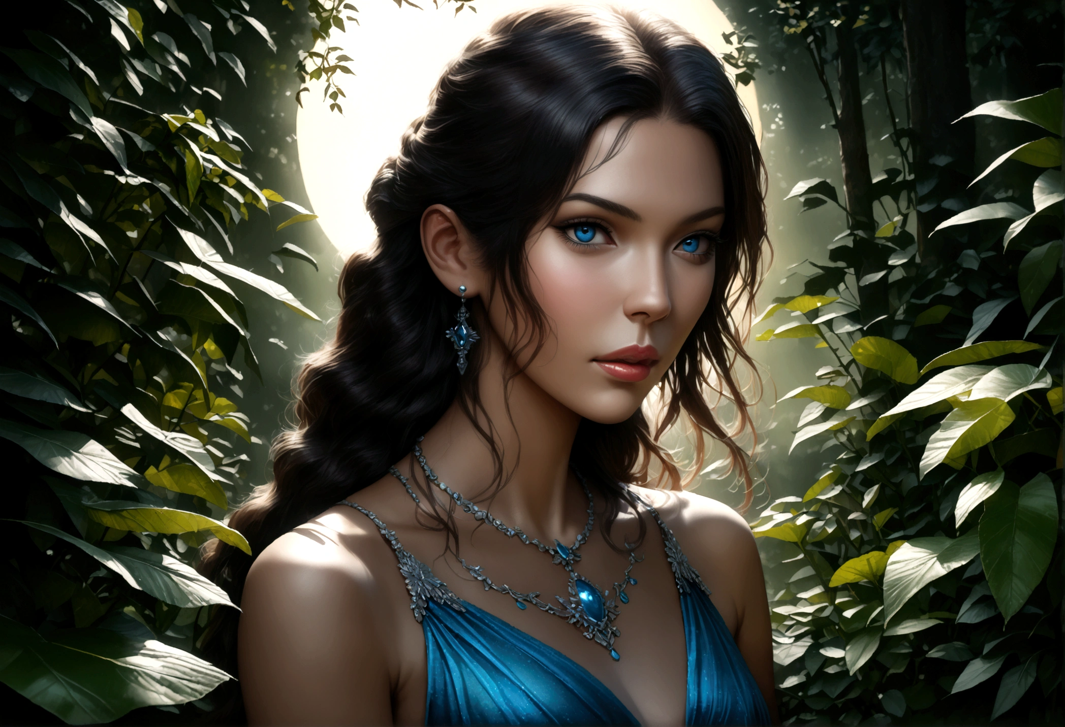 A beautiful young moon elf with waist-length hair, pale skin, and crystal blue eyes, wearing a sheer crystal silk evening gown, flirtatiously studying the viewer in a moonlit glade, (best quality,4k,8k,highres,masterpiece:1.2),ultra-detailed,(realistic,photorealistic,photo-realistic:1.37),portrait,fantasy,cinematic lighting,dramatic lighting,glowing skin,detailed facial features,long eyelashes,glossy lips,elegant pose,ethereal,shimmering fabric,moonlight,mist,full moon,lush foliage