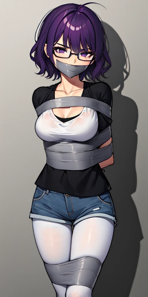 (masterpiece), best quality, expressive eyes, highres, anatomically correct, 1girl, perfect face, perfect hands, female, short hair, messy hair, wavy hair, purple hair, side bang, purple eyes, fair skin, medium chest, slight smirk, purple glasses, casual wear, cowboy shot, half body, perfect anatomy, shorts, graphic t-shirt, jacket, casual wear, pantyhose, bondage, bdsm, arms behind back, gagged, gag, tape above breasts, tape below breasts, 

