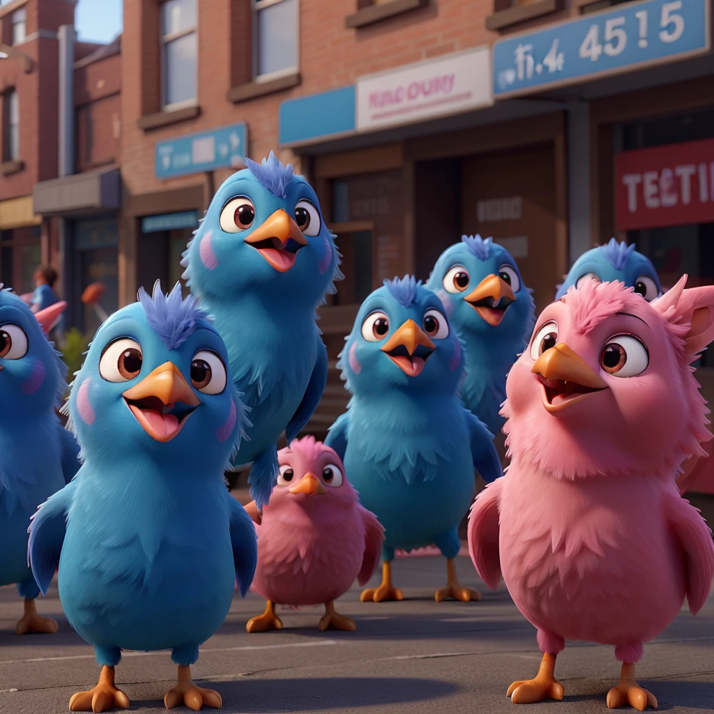 create a 3D image of some nightingales birds, female, pink, happy, flying in the city, so free and wearing a blue outfit. She will be on stage.